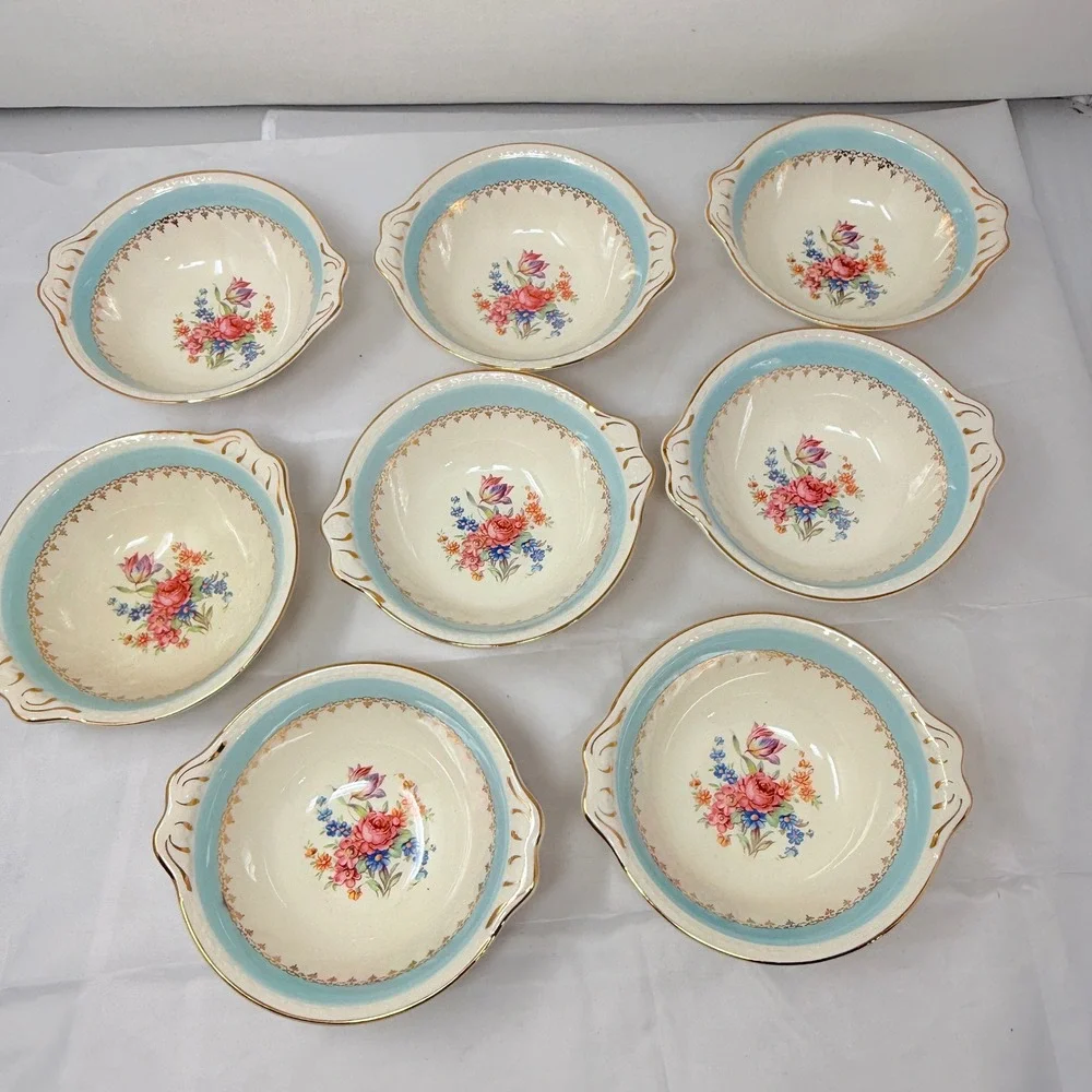 8 Homer Laughlin Eggshell Georgian Turquoise Gold Floral Soup/Cereal Bowls